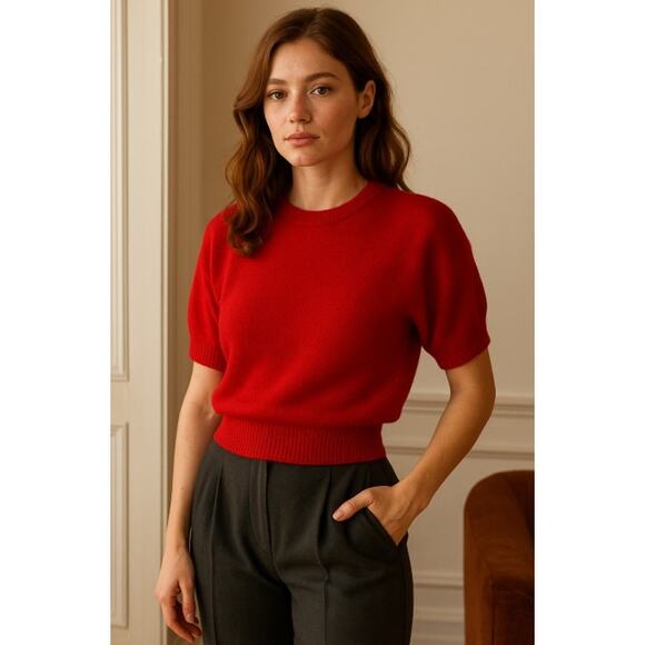 Vintage 80s Oleg Cassini Women’s L Red Knit Short Sleeve Sweater Hong Kong - Picture 1 of 8